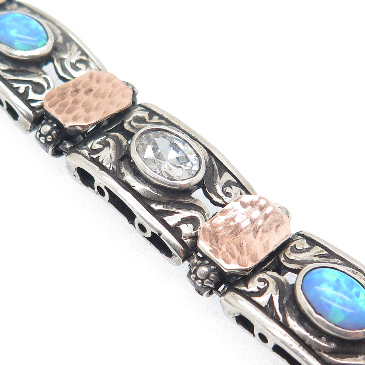 925 Sterling Silver 14K Rose Gold Vintage Real Opal & C Z Ornate Bracelet 7.75"