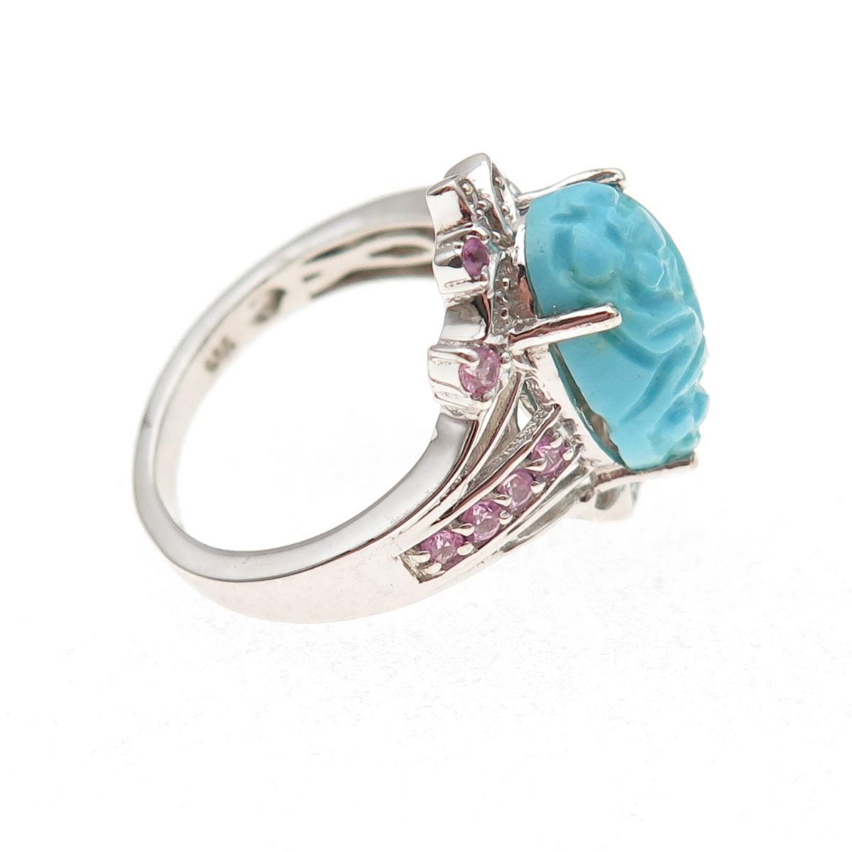 Chuck Clemency 925 Sterling Real Turquoise Pink & White Topaz Floral Ring Size 8