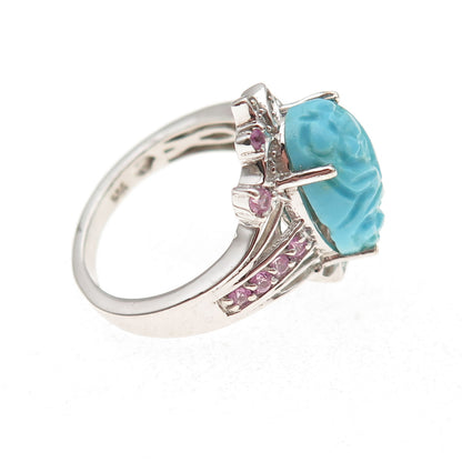 Chuck Clemency 925 Sterling Real Turquoise Pink & White Topaz Floral Ring Size 8