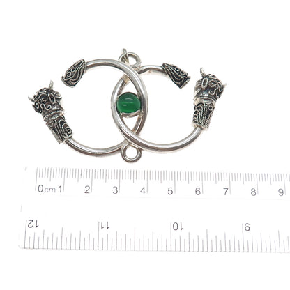 925 Sterling Silver Vintage Real Green Onyx Bull Interlocked Eternity Pendant