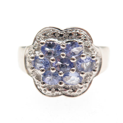 925 Sterling Silver Real Oval-Cut Tanzanite Floral Ring Size 7