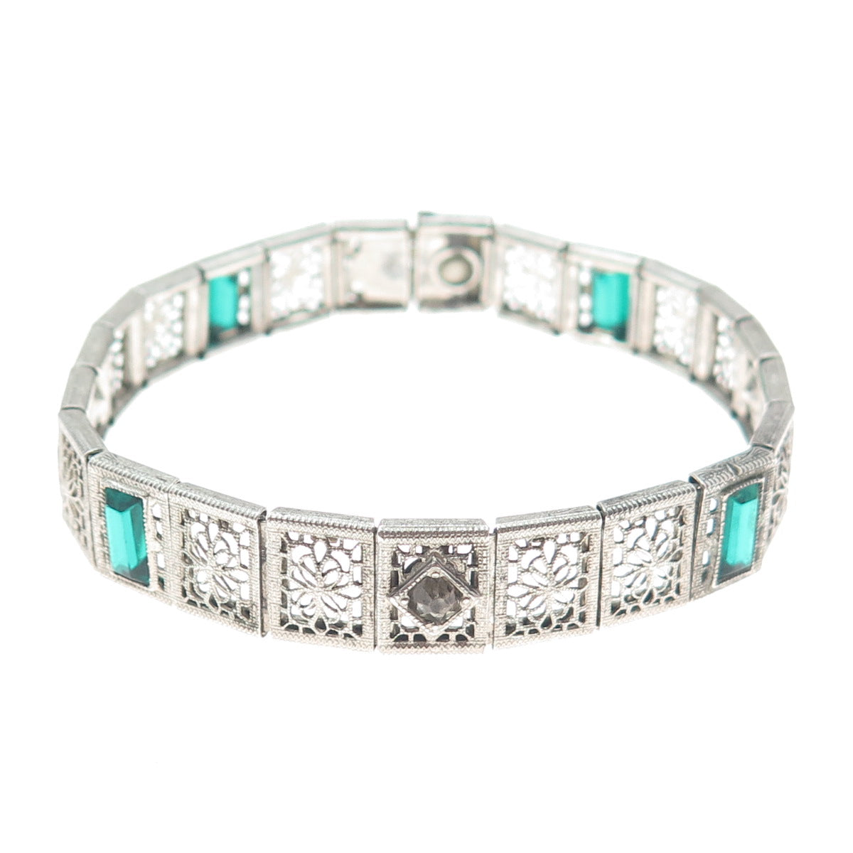 925 Sterling Silver Antique Emerald-Cut Glass & Rhinestone Filigree Bracelet 7"