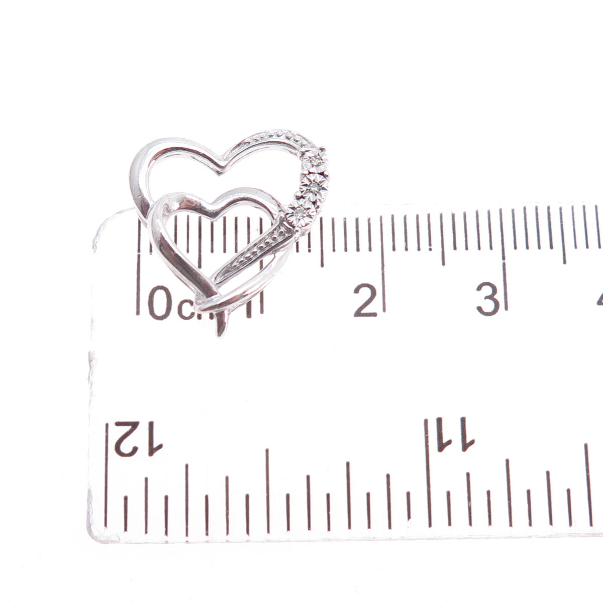 925 Sterling Silver Real Round-Cut Diamond Double Heart Mini Slide Charm Pendant