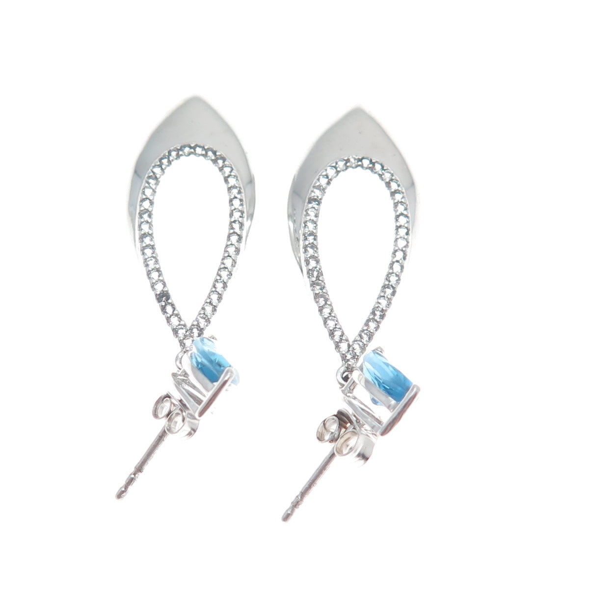 925 Sterling Silver Real Marquise-Cut Blue Round-Cut White Topaz Dangle Earrings