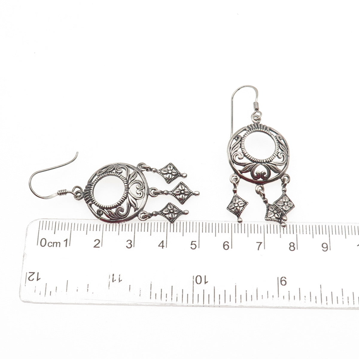 925 Sterling Silver Vintage Crescent Ornate Floral Oxidized Dangle Earrings