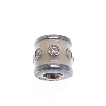 PANDORA 925 Sterling Silver Round-Cut Shaped C Z Cream Enamel Barrel Bead Charm