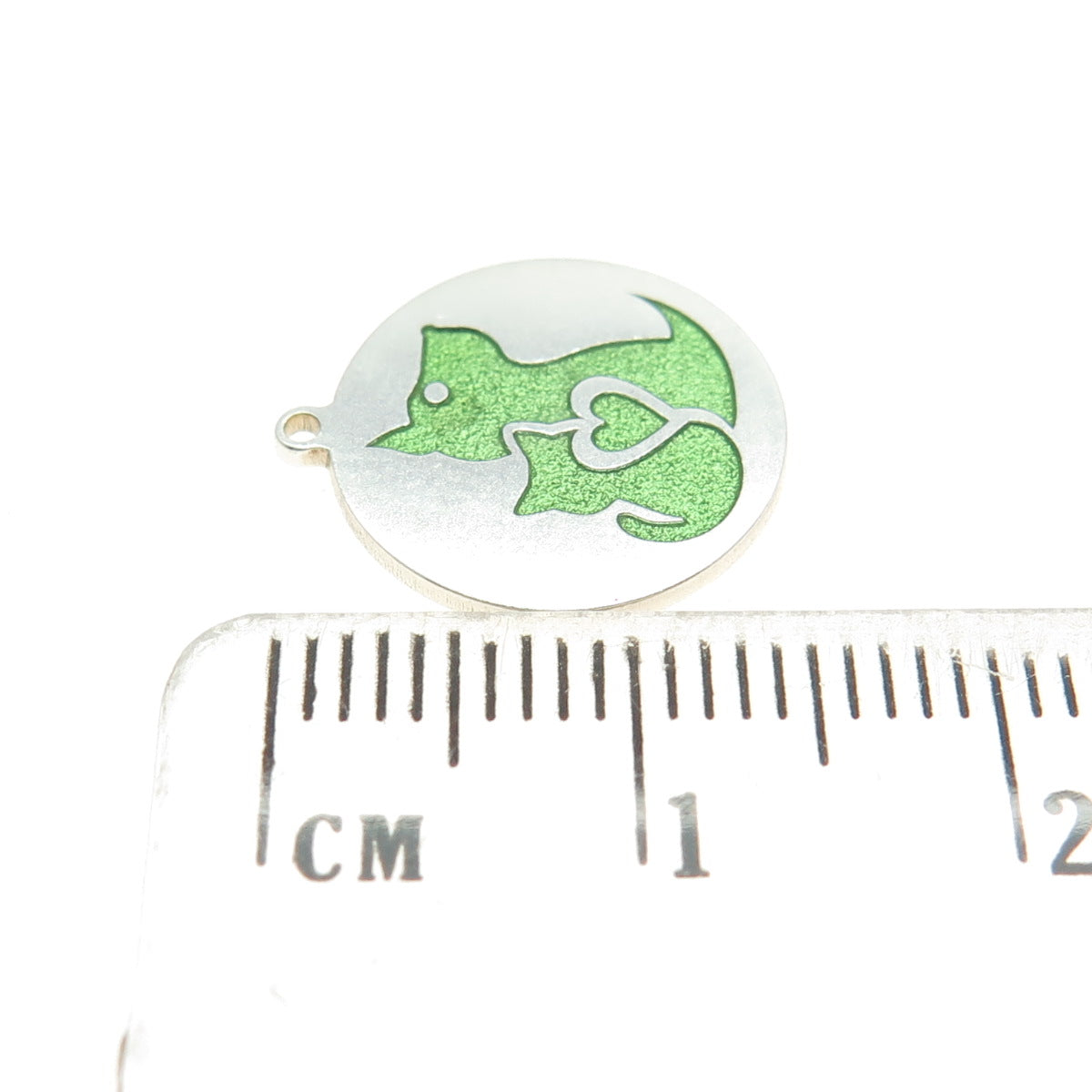 Tokemoti 925 Sterling Silver Green Enamel Cat & Dog Round Tag Minimalist Pendant