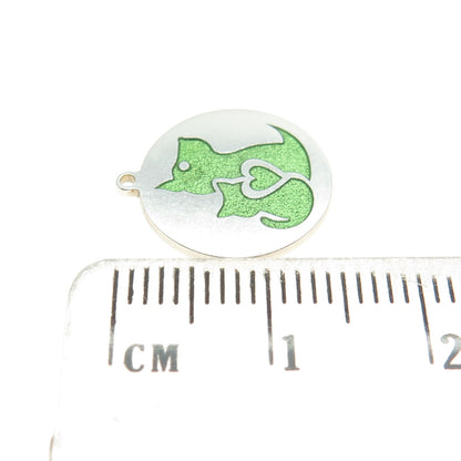 Tokemoti 925 Sterling Silver Green Enamel Cat & Dog Round Tag Minimalist Pendant