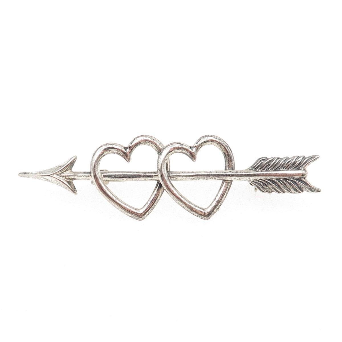 BEAU 925 Sterling Silver Antique Art Deco Couple Heart Arrow Oxidized Pin Brooch