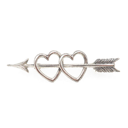 BEAU 925 Sterling Silver Antique Art Deco Couple Heart Arrow Oxidized Pin Brooch