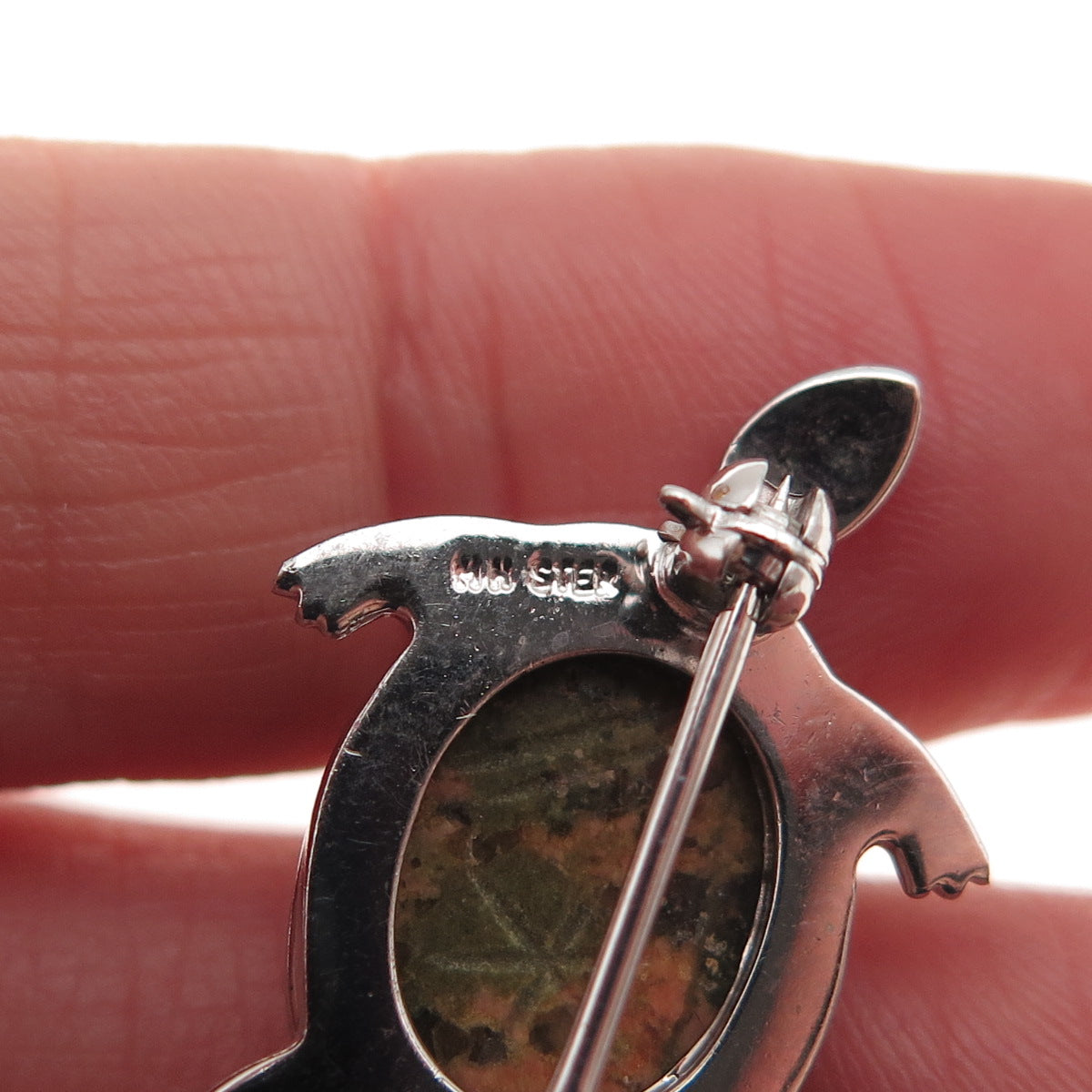 McGrath Hamin 925 Sterling Silver Vintage Real Unakite Turtle Pin Brooch