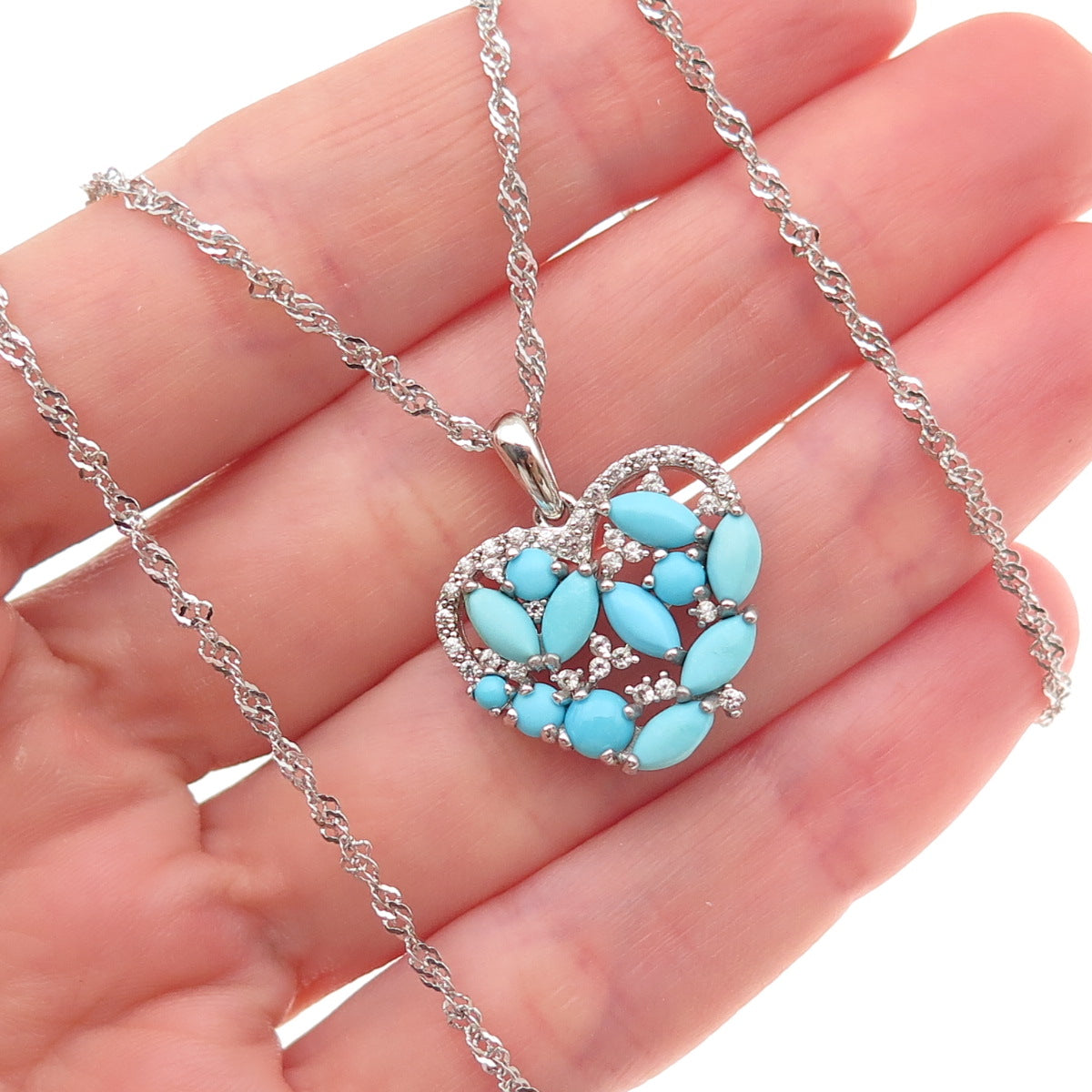 925 Sterling Silver Real Turquoise & White Topaz Heart Chain Necklace 16-18"