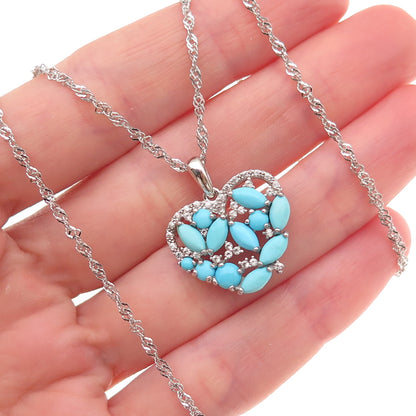 925 Sterling Silver Real Turquoise & White Topaz Heart Chain Necklace 16-18"