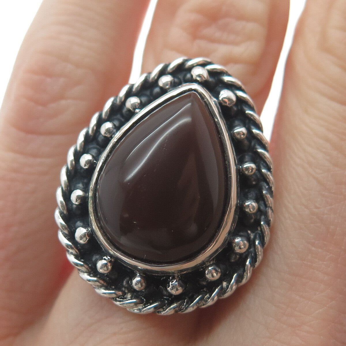 925 Sterling Silver Vintage Real Pear-Cut Carnelian Oxidized Ring Size 8.25