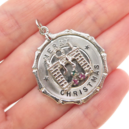 925 Sterling Silver Vintage Rhinestone Merry Christmas Fireplace Charm Pendant