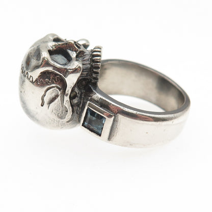 925 Sterling Silver Vintage Real Blue Topaz Skull Oxidized Ring Size 6