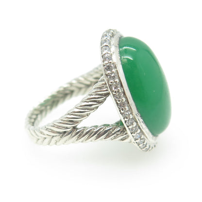 925 Sterling Silver Real Jade & White C Z Ring Size 8.25