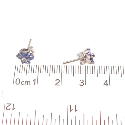 Chuck Clemency 925 Sterling Silver Real Diamond & Tanzanite Flower Stud Earrings
