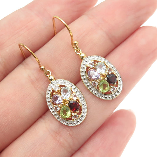 925 Sterling Silver Gold Plated Real Blue Topaz Garnet Peridot Amethyst Earrings