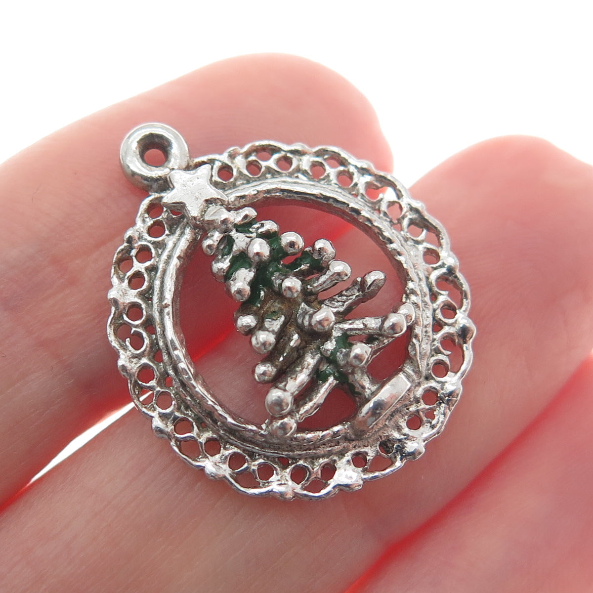 925 Sterling Silver Antique Art Deco Enamel Christmas Tree Minimalist Pendant