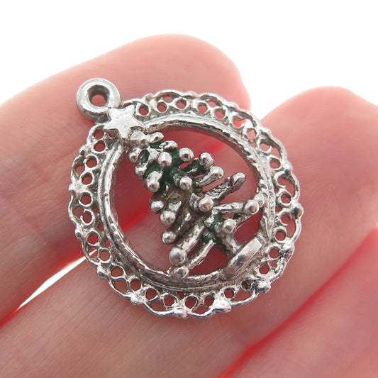 925 Sterling Silver Antique Art Deco Enamel Christmas Tree Minimalist Pendant