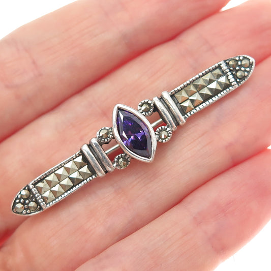 CHARLES WINSTON Sterling Silver Vintage Real Marcasite Nano Amethyst Pin Brooch