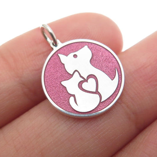 925 Sterling Silver Purple Enamel Cat & Dog Friendship Minimalist Charm Pendant
