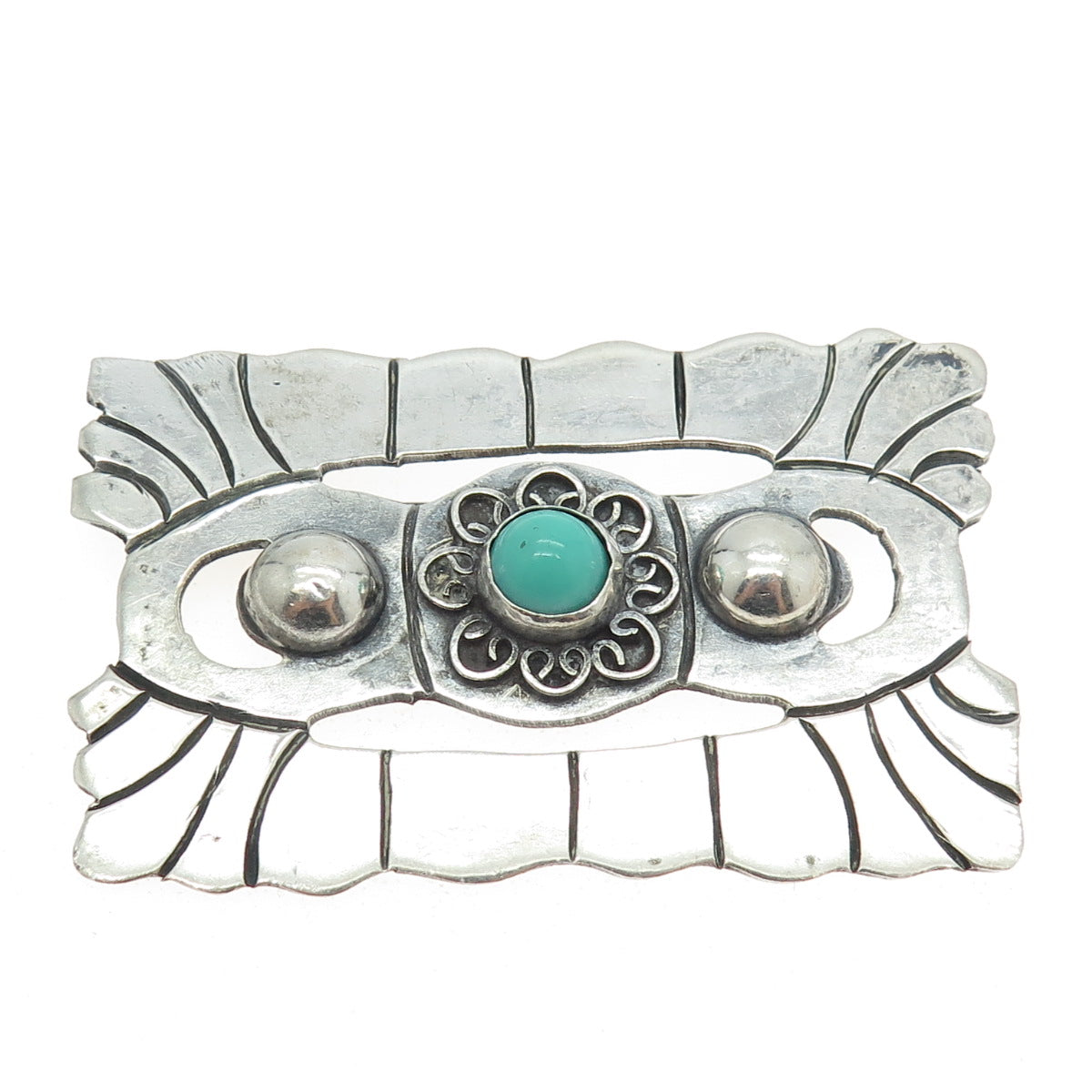925 Sterling Silver Vintage Mexico Real Turquoise Aztec Tribal Pin Brooch