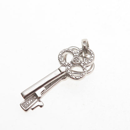 925 Sterling Silver Real Round-Cut Diamond Heart & Club Key Charm Pendant