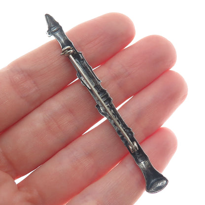 BEAU 925 Sterling Silver Vintage Clarinet Musical Instrument Oxidized Pin Brooch