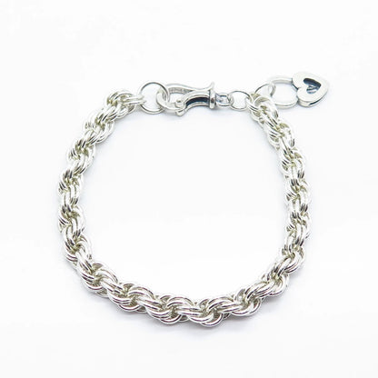 925 Sterling Silver Vintage Heart Lock Charm Twisted Rope Link Bracelet 6.75"