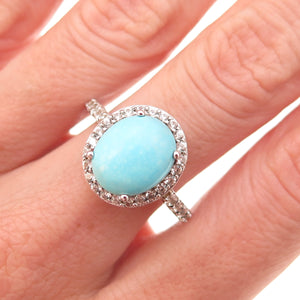 925 Sterling Silver Real Tyrone Turquoise & White Topaz Ring Size 8