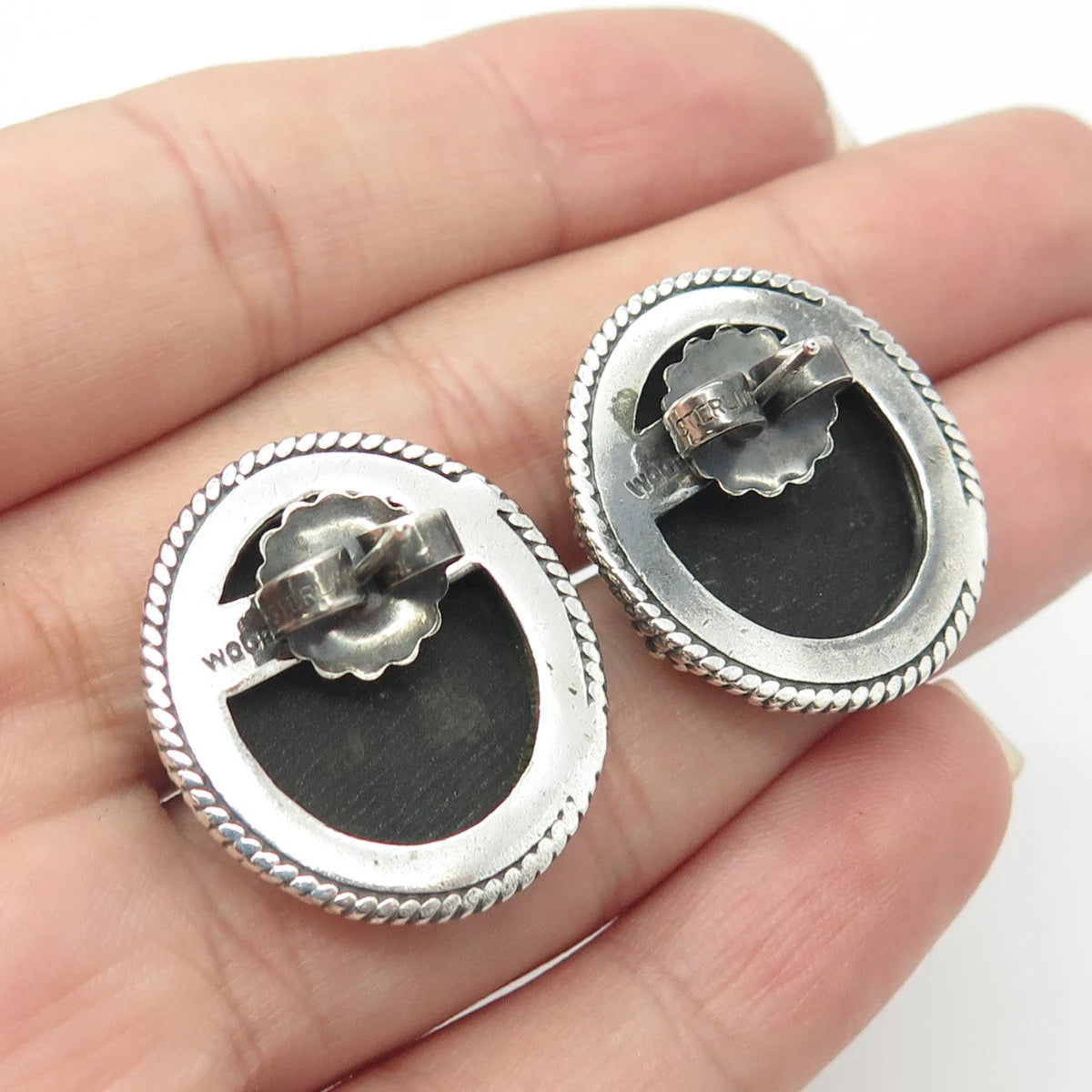 925 Sterling Silver Vintage WOODS Real Black Onyx Gemstone Earrings