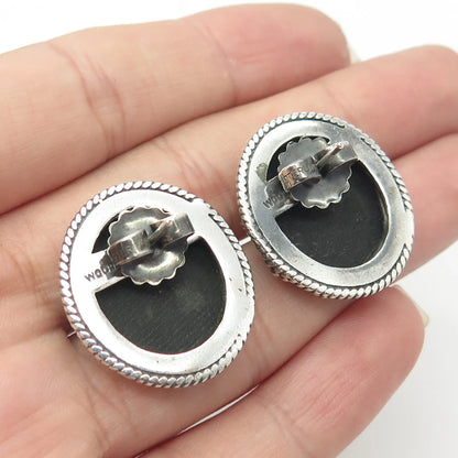 925 Sterling Silver Vintage WOODS Real Black Onyx Gemstone Earrings