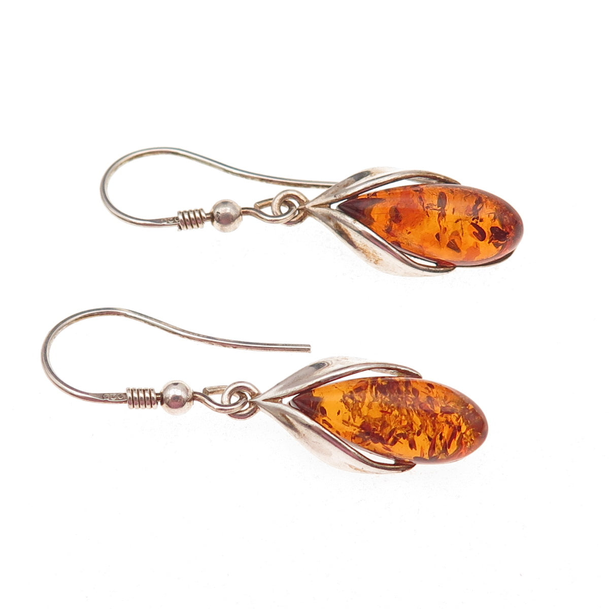 925 Sterling Silver Vintage Real Amber Modernist Floral Oxidized Dangle Earrings