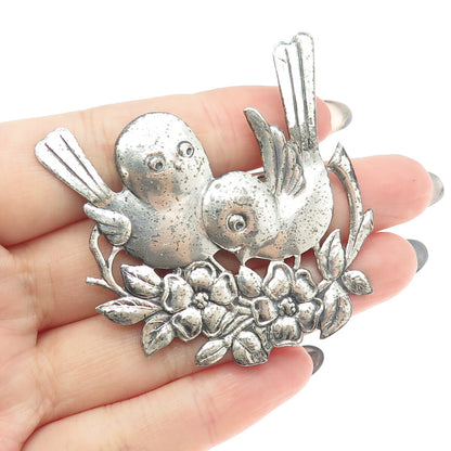 925 Sterling Silver Vintage Bird Couple Floral Blossom Pin Brooch