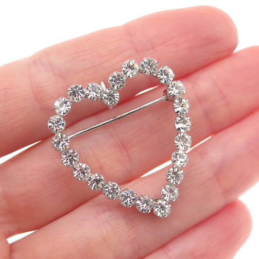 Tru-Kay 925 Sterling Silver Antique Art Deco Rhinestone Heart Pin Brooch Pendant