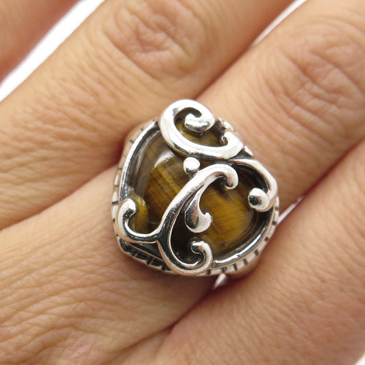 925 Sterling Silver Vintage Real Tiger Eye Floral Scroll Heart Ring Size 6.5