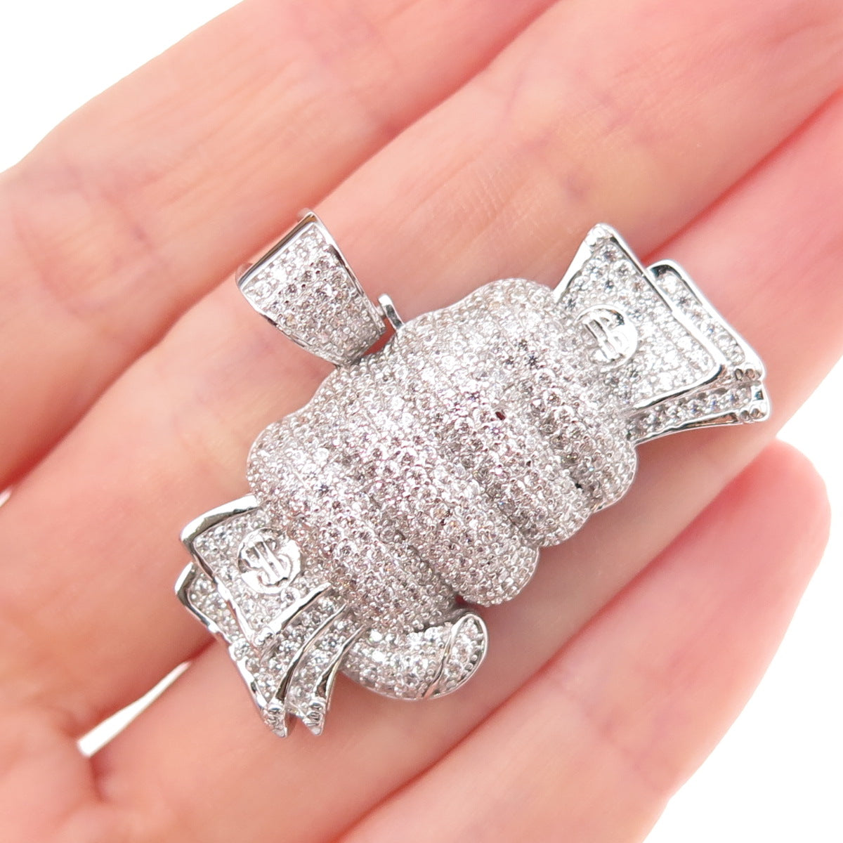 925 Sterling Silver Round-Cut C Z Fist Full of Cash Pendant