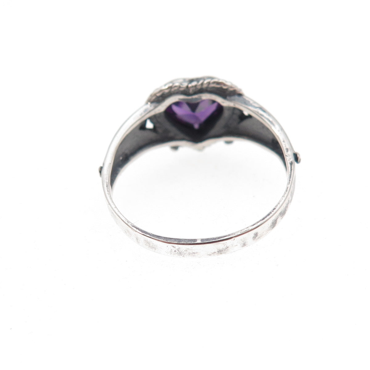 925 Sterling Silver Vintage Real Amethyst Heart Oxidized Ring Size 6.5