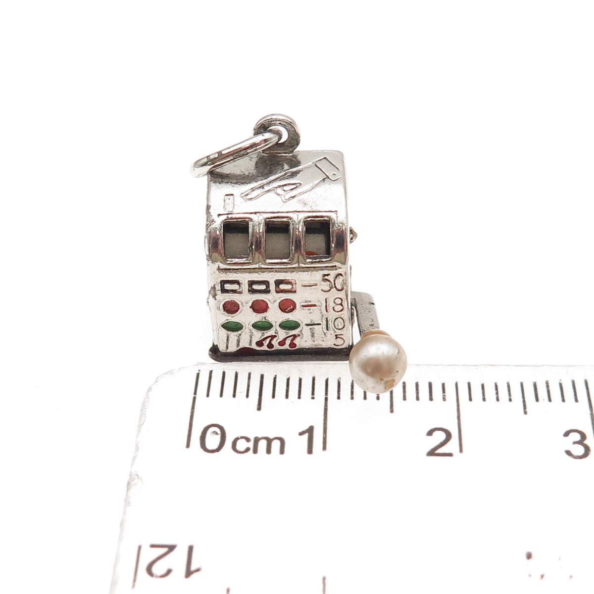 925 Sterling Antique Enamel Real Pearl Slot Machine Casino Lucky 3D Mini Pendant
