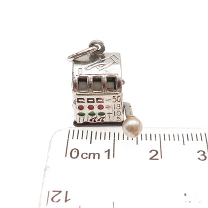 925 Sterling Antique Enamel Real Pearl Slot Machine Casino Lucky 3D Mini Pendant