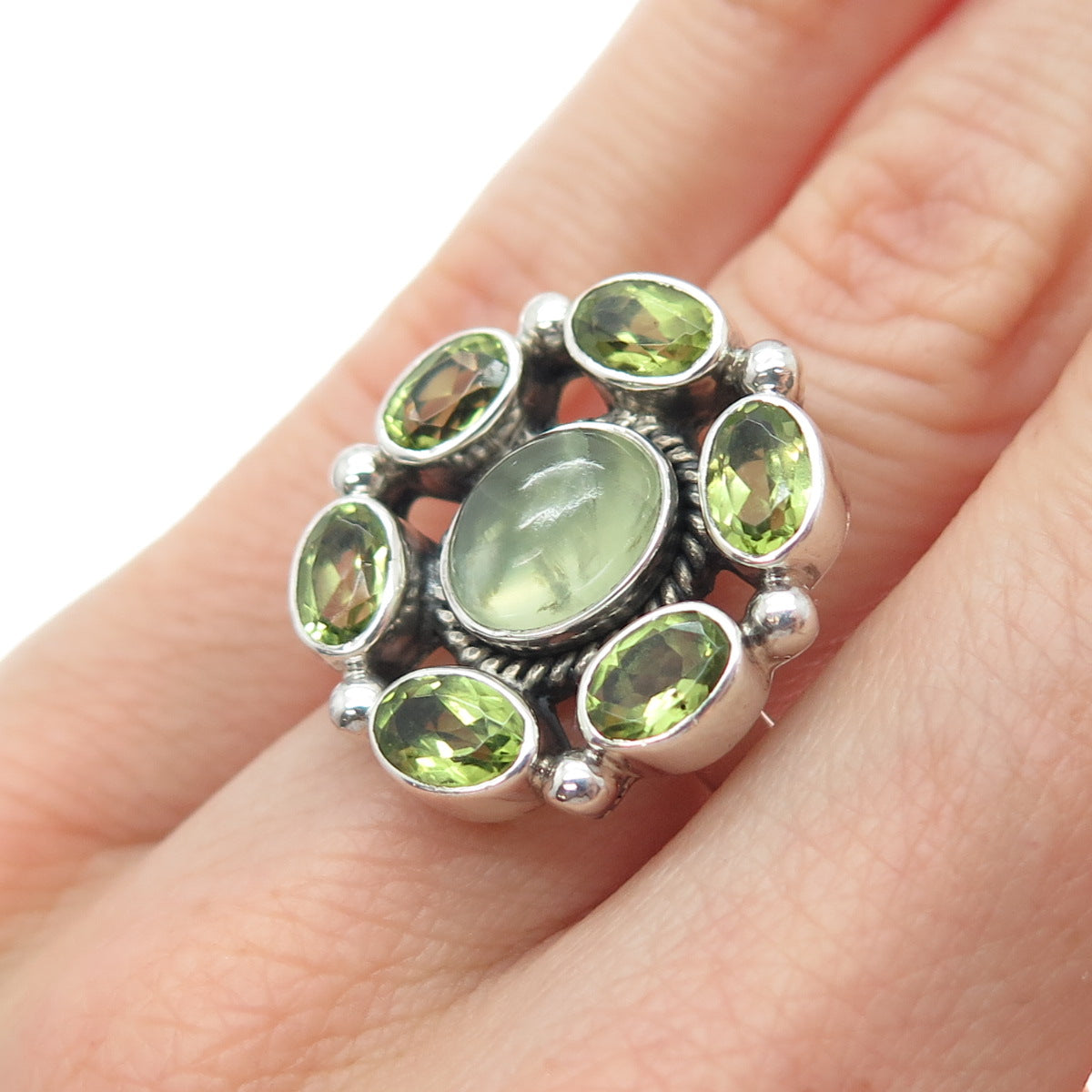 NICKY BUTLER 925 Sterling Silver Vintage Real Prehnite & Peridot Ring Size 6.25