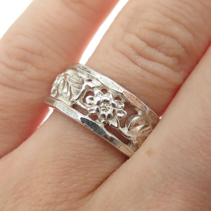 925 Sterling Silver Vintage Flower Blossom Band Ring Size 5.25
