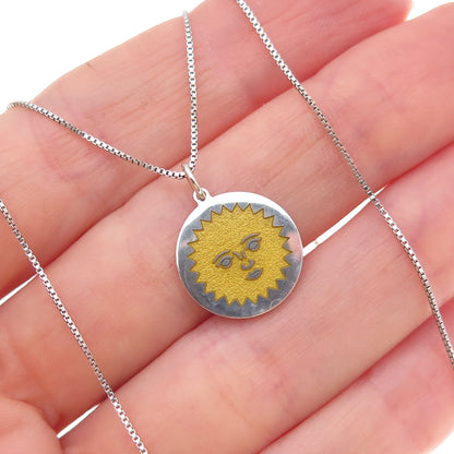 925 Sterling Silver Enamel Sun Face Box Chain Necklace 18"