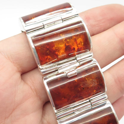 925 Sterling Silver Vintage Real Amber Tennis Panel Link Bracelet 7"