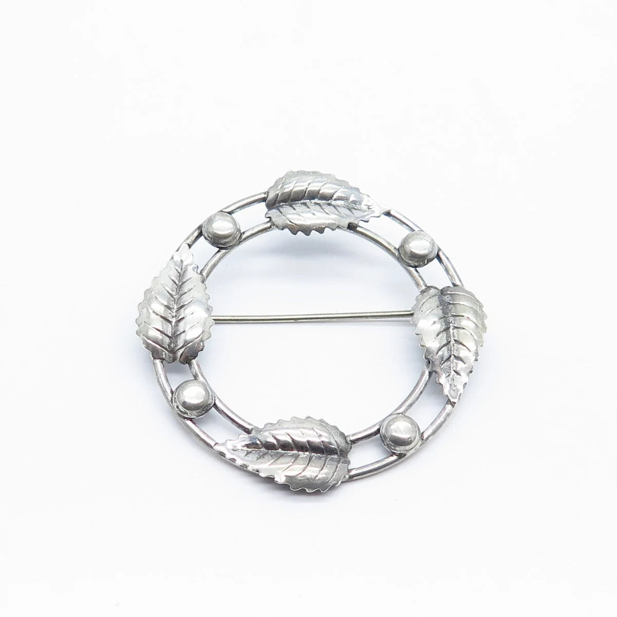 925 Sterling Silver Vintage Leaf Open Circle Pin Brooch