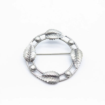 925 Sterling Silver Vintage Leaf Open Circle Pin Brooch
