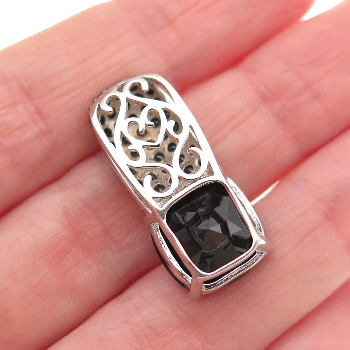 925 Sterling Silver Real Cushion & Round-Cut Black Spinel Slide Charm Pendant
