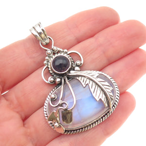 925 Sterling Silver Vintage Real Moonstone & Iolite Feather Large 22.4g Pendant